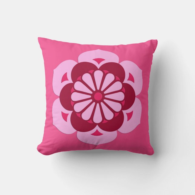 Lotus Flower Mandala, Fuchsia Pink and Burgundy Cushion (Front)