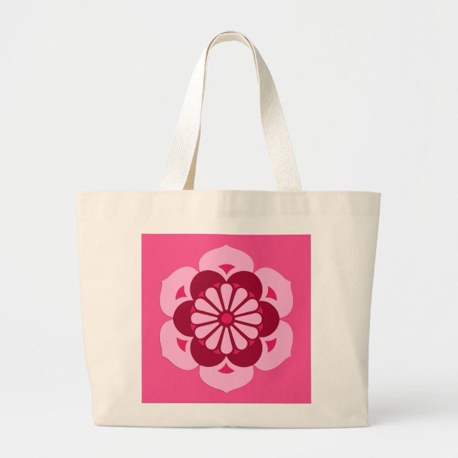 Lotus Flower Mandala, Fuchsia Pink and Burgundy Large Tote Bag (Front)