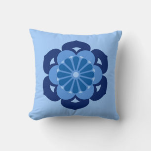 Lotus Flower Mandala, Indigo and Light Blue Cushion