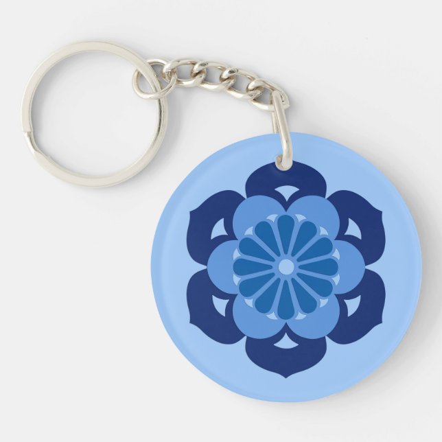 Lotus Flower Mandala, Indigo and Light Blue Key Ring (Front)