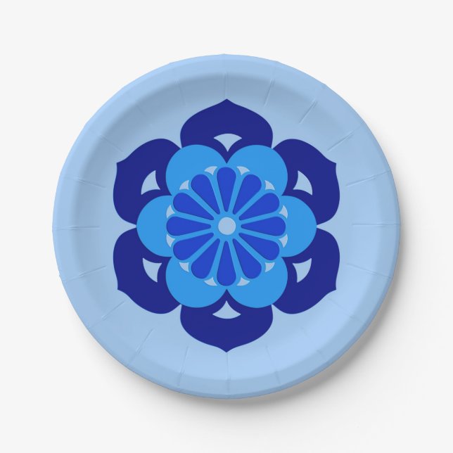 Lotus Flower Mandala, Indigo and Light Blue Paper Plate (Front)