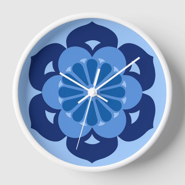 Lotus Flower Mandala, Indigo and Light Blue Wall Clock (Front)