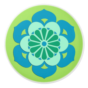 Lotus Flower Mandala, Lime Green and Light Blue Ceramic Knob