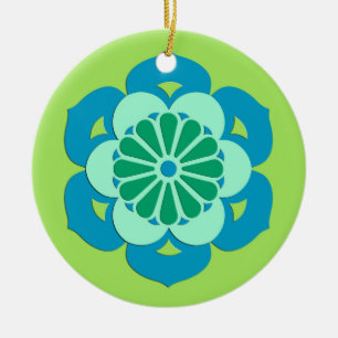 Lotus Flower Mandala, Lime Green and Light Blue Ceramic Tree Decoration