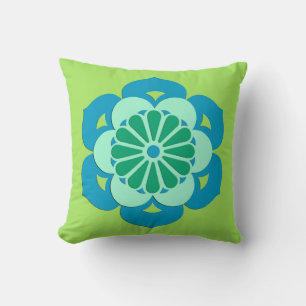 Lotus Flower Mandala, Lime Green and Light Blue Cushion