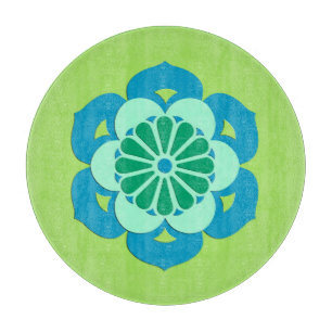Lotus Flower Mandala, Lime Green and Light Blue Cutting Board