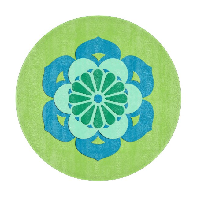 Lotus Flower Mandala, Lime Green and Light Blue Cutting Board (Front)