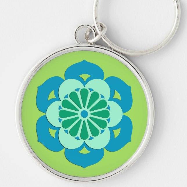 Lotus Flower Mandala, Lime Green and Light Blue Key Ring (Front)