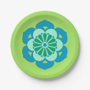 Lotus Flower Mandala, Lime Green and Light Blue Paper Plate