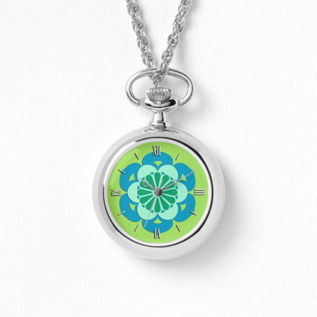 Lotus Flower Mandala, Lime Green and Light Blue Watch (Front)
