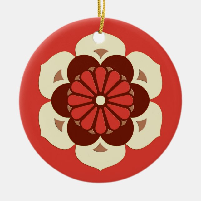 Lotus Flower Mandala, Mandarin Orange Ceramic Tree Decoration (Front)