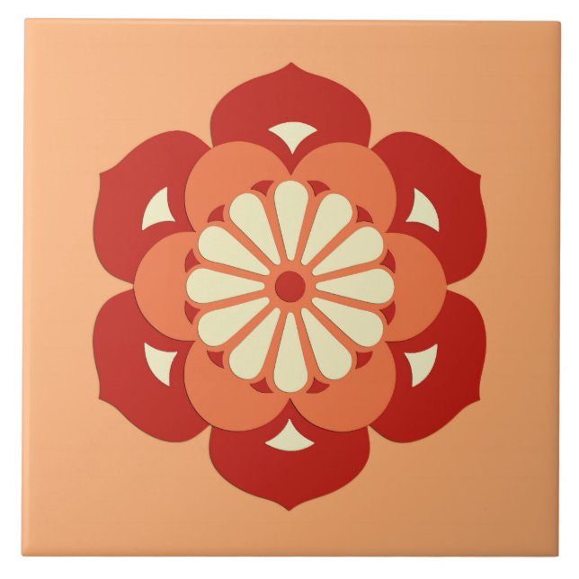 Lotus Flower Mandala, Pastel Orange and Mandarin Tile (Front)