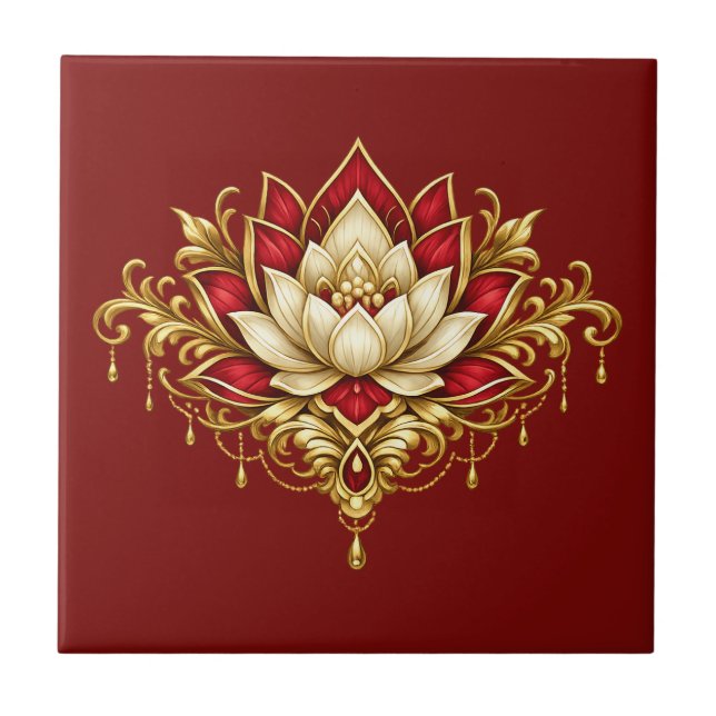 Lotus flower maroon gold burgandy floral wall tile (Front)