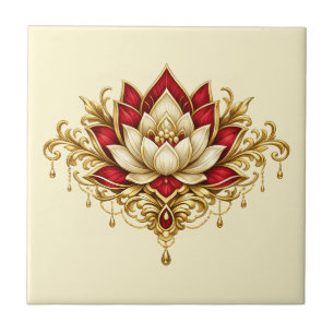 Lotus flower maroon gold floral indian wall tile