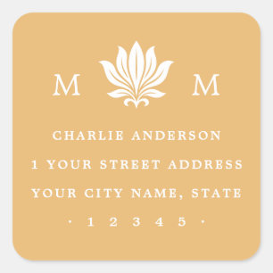Lotus Flower & Monogram mustard return address Square Sticker