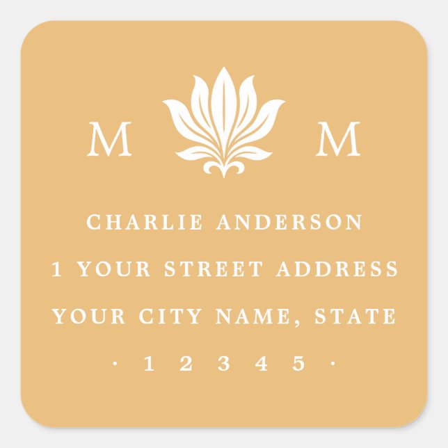 Lotus Flower & Monogram mustard return address Square Sticker (Front)