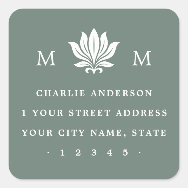 Lotus Flower & Monogram pine green return address Square Sticker (Front)
