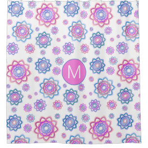 Lotus Flower Monogram Pink Blue Green Pattern Shower Curtain