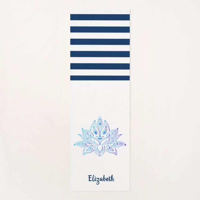 Lotus Flower Navy Blue White Striped Yoga Mat (Front)