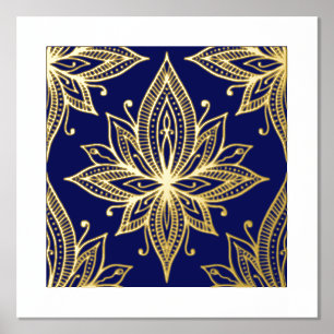 Lotus Flower on Blue Gold Foil Art Print