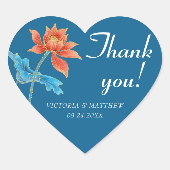 Lotus Flower Orange & Blue Wedding Thank You Heart Sticker (Front)