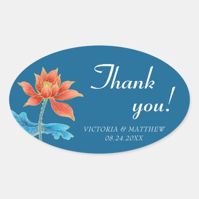 Lotus Flower Orange & Blue Wedding Thank You   Oval Sticker (Front)