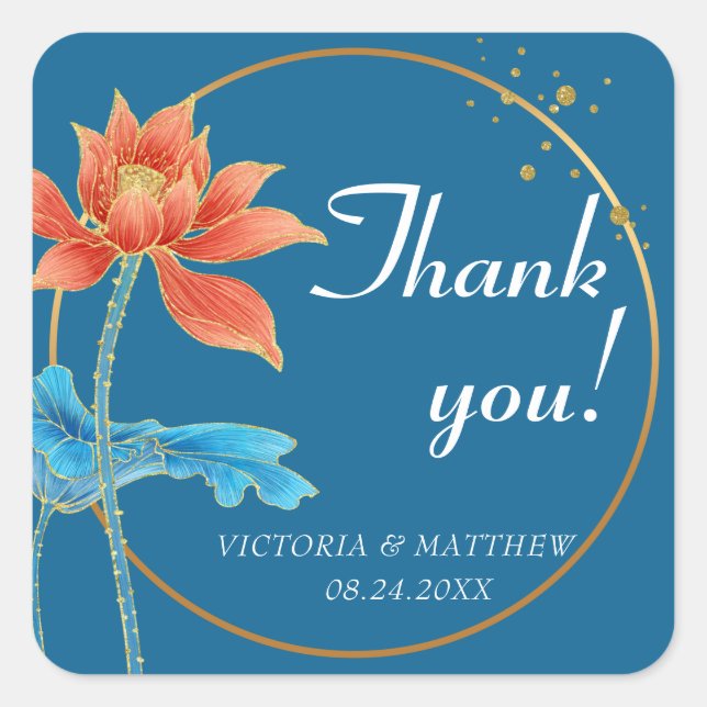 Lotus Flower Orange & Blue Wedding Thank You Square Sticker (Front)
