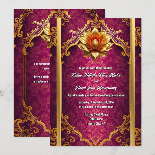 Lotus flower plum gold Hindi Hindu wedding elegant Invitation (Front/Back)