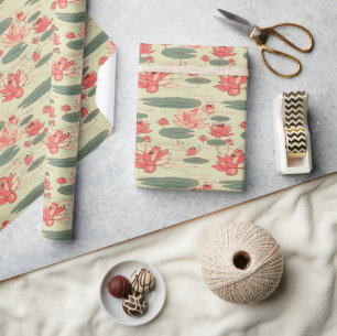 Lotus Flower Pond Pattern in Coral and Sage Green Wrapping Paper