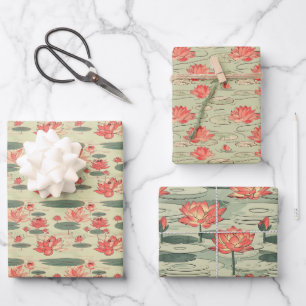 Lotus Flower Pond Pattern in Coral and Sage Green Wrapping Paper Sheet
