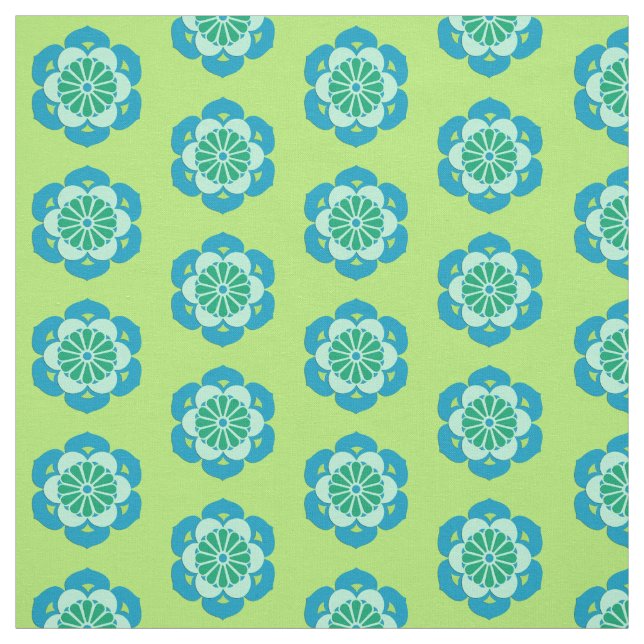 Lotus Flower Print, Lime Green and Light Blue Fabric (Swatch)
