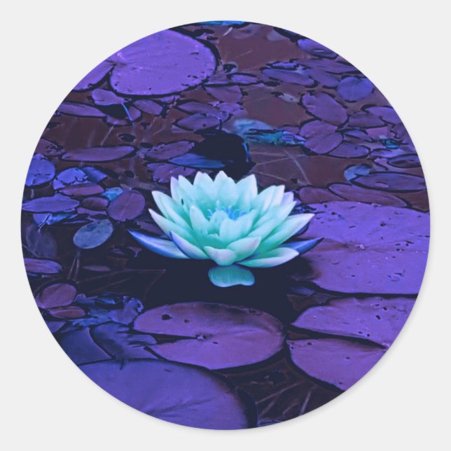 Lotus Flower Purple Blue Turquoise Floral Pond Zen Classic Round Sticker (Front)