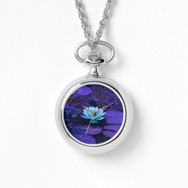 Lotus Flower Purple Blue Turquoise Floral Pond Zen Watch (Front)