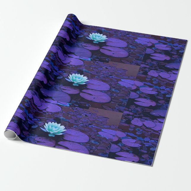Lotus Flower Purple Blue Turquoise Floral Pond Zen Wrapping Paper (Unrolled)