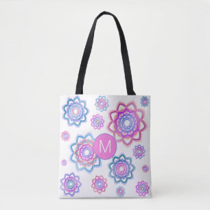 Lotus Flower Simple Pink Pastel Green Monogram Tote Bag