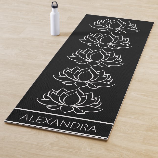 Lotus Flower Symbol Black White Name Personalised Yoga Mat (In Situ)