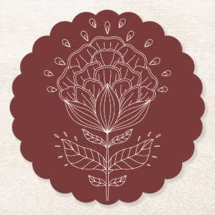 Lotus flower white line drawing floral burgundy  b paper coaster