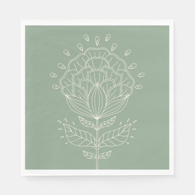 Lotus flower white line drawing floral green stem napkin (Front)