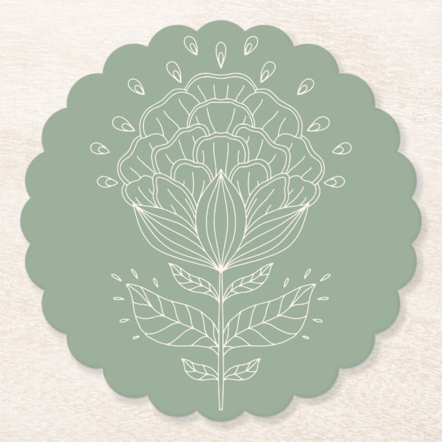 Lotus flower white line drawing floral green stem  paper coaster (Front)