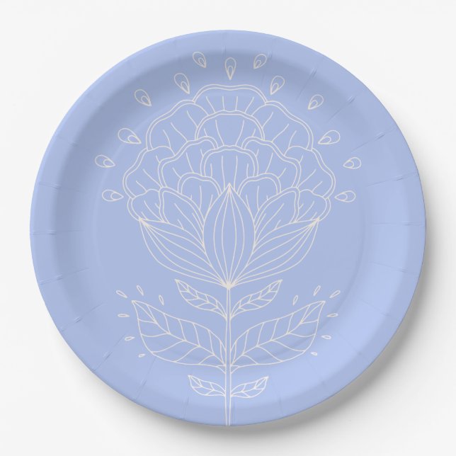 Lotus flower white line drawing floral lilac  paper plate (Front)