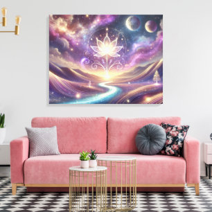 Lotus Flower with Cosmic Sky and Flowing River Canvas Print