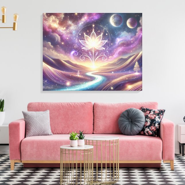 Lotus Flower with Cosmic Sky and Flowing River Canvas Print (Insitu(LivingRoom))