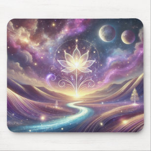 Lotus Flower with Cosmic Sky and Flowing River Mouse Mat