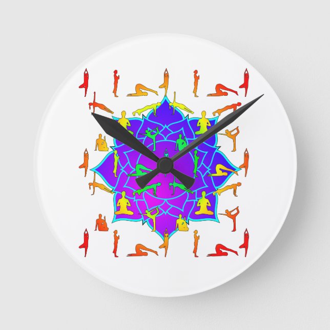 Lotus Flower With Yoga Poses Round Clock (Front)
