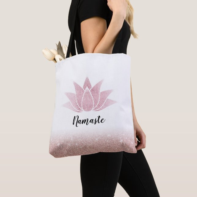 Lotus Flower Yoga Namaste Rose Gold Glitter Tote Bag (Close Up)