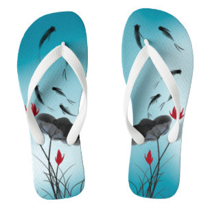Lotus Flowers & Fish Green Gradient Ink Painting  Flip Flops