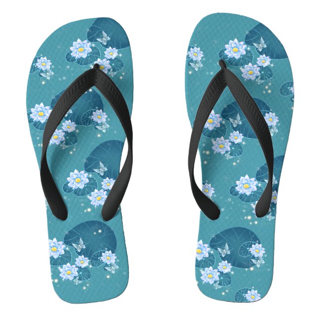Lotus Flowers Pattern Botanical Garden Teal Green Flip Flops (Footbed)
