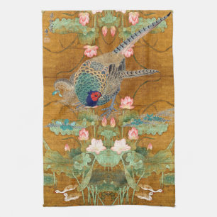 Lotus Flowers Pheasant Birds Asian Kitchen Towel