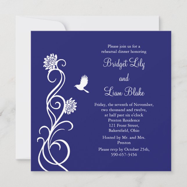 Lotus Flowers Rehearsal Dinner (indigo) Invitation (Front)