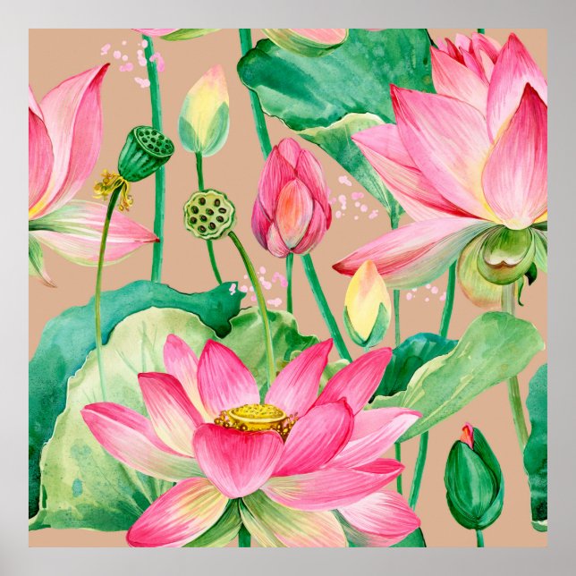 lotus flowers seamless pattern. watercolor botanic poster (Front)